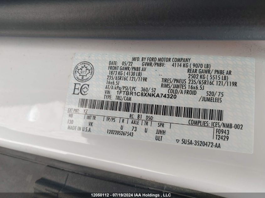 2022 Ford Transit T-250 VIN: 1FTBR1C8XNKA74320 Lot: 12050112