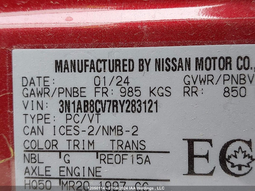 2024 Nissan Sentra VIN: 3N1AB8CV7RY283121 Lot: 12050114