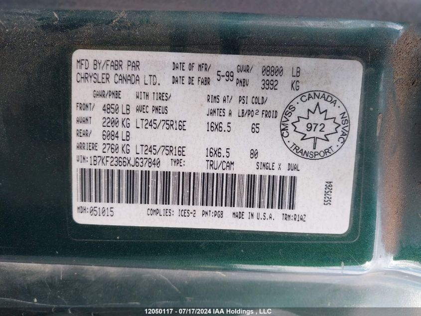 1999 Dodge Ram 2500 VIN: 1B7KF2366XJ637840 Lot: 12050117