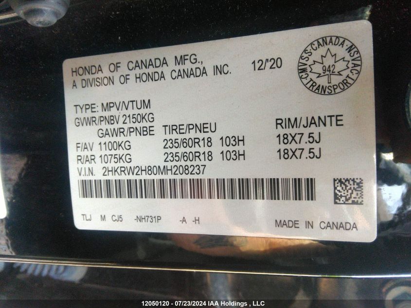 2021 Honda Cr-V VIN: 2HKRW2H80MH208237 Lot: 12050120