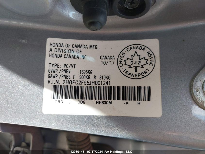 2018 Honda Civic Sedan VIN: 2HGFC2F55JH001241 Lot: 12050145