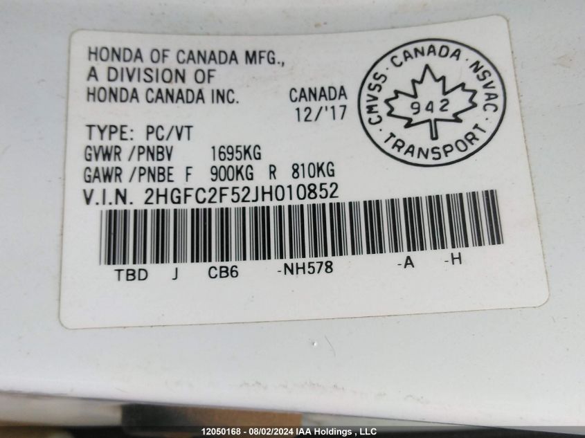 2018 Honda Civic Sedan VIN: 2HGFC2F52JH010852 Lot: 12050168