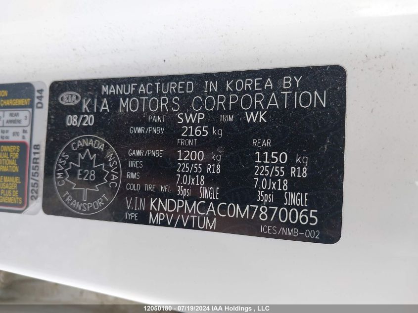 2021 Kia Sportage VIN: KNDPMCAC0M7870065 Lot: 12050180