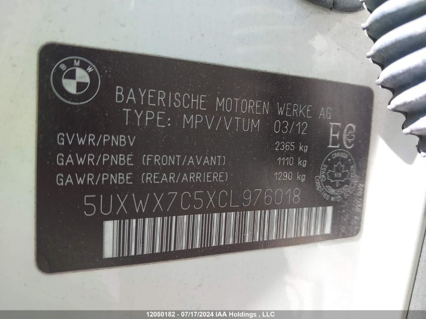 2012 BMW X3 VIN: 5UXWX7C5XCL976018 Lot: 12050182