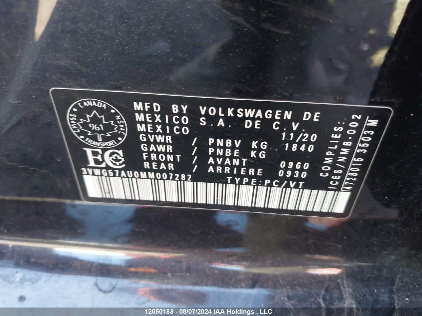 2021 Volkswagen Golf VIN: 3VWG57AU0MM007282 Lot: 12050183