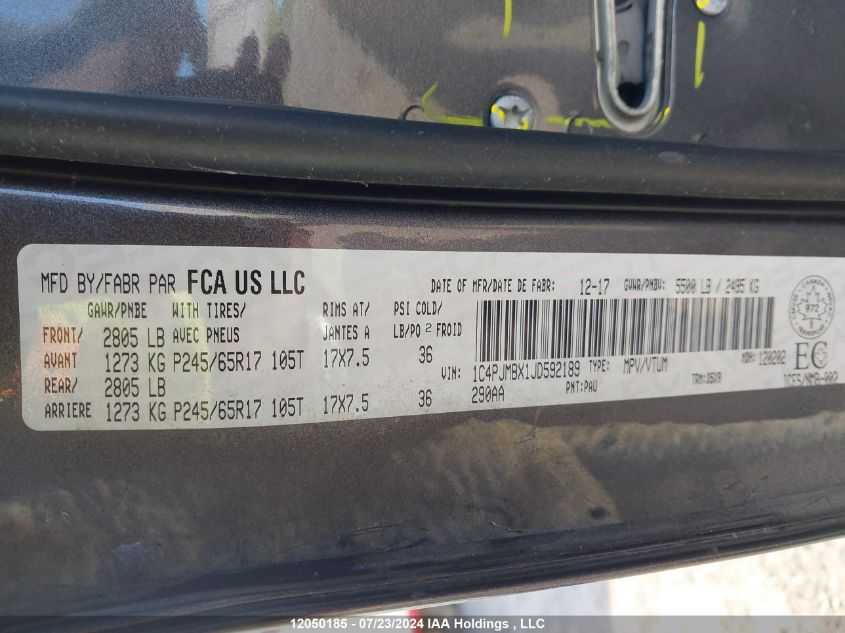 2018 Jeep Cherokee Trailhawk VIN: 1C4PJMBX1JD592189 Lot: 12050185