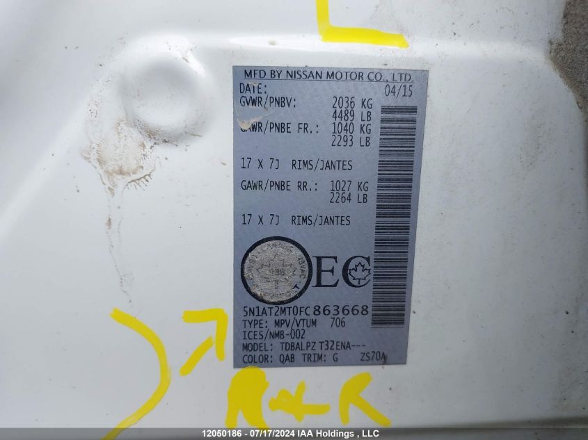 2015 Nissan Rogue VIN: 5N1AT2MT0FC863668 Lot: 12050186