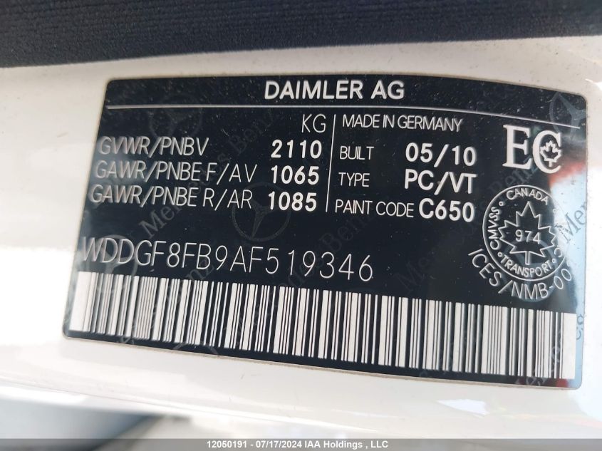 2010 Mercedes-Benz C-Class VIN: WDDGF8FB9AF519346 Lot: 12050191