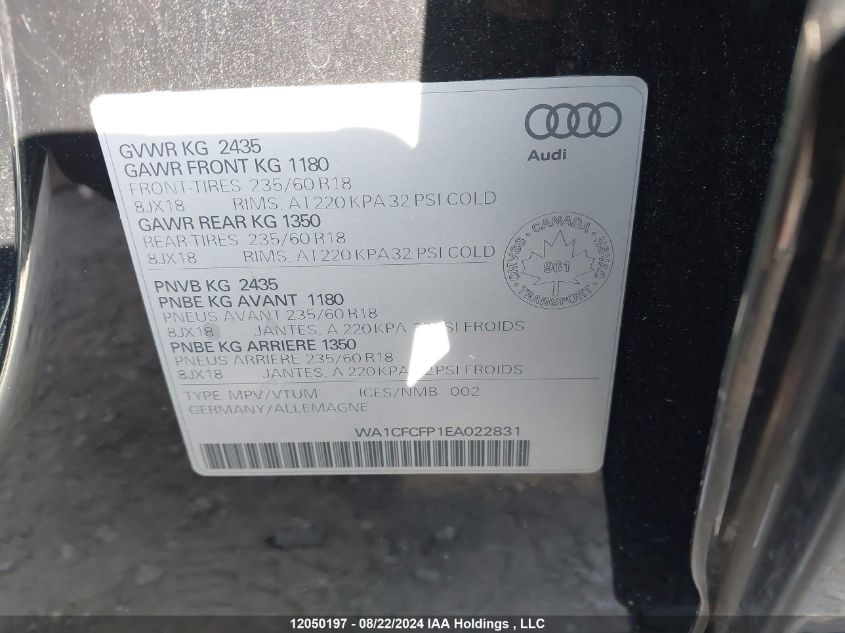 2014 Audi Q5 VIN: WA1CFCFP1EA022831 Lot: 12050197