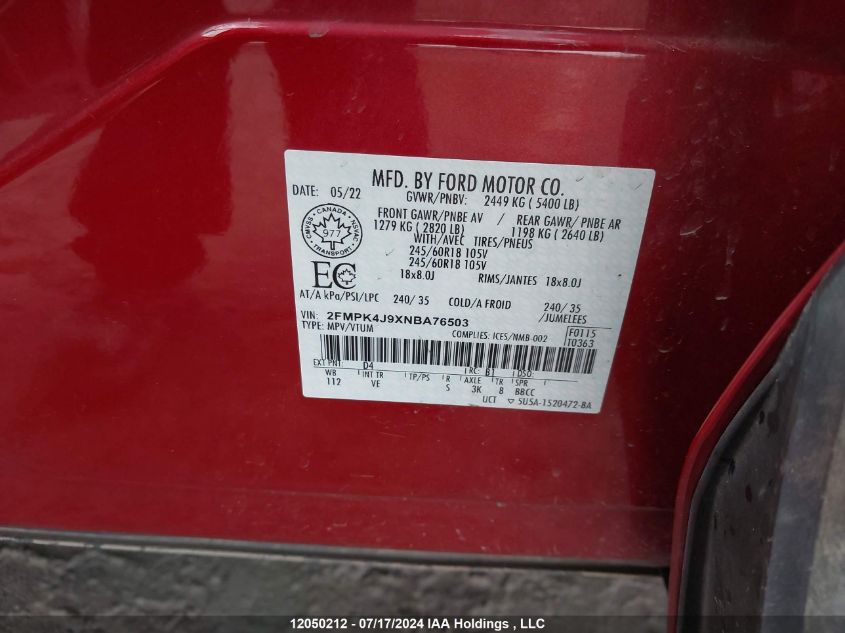 2022 Ford Edge Sel VIN: 2FMPK4J9XNBA76503 Lot: 12050212