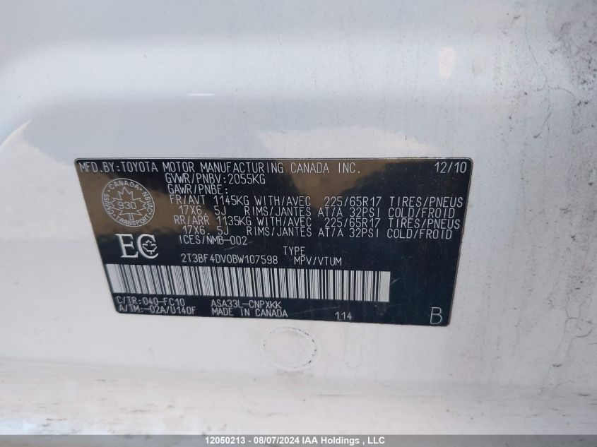 2011 Toyota Rav4 VIN: 2T3BF4DV0BW107598 Lot: 12050213