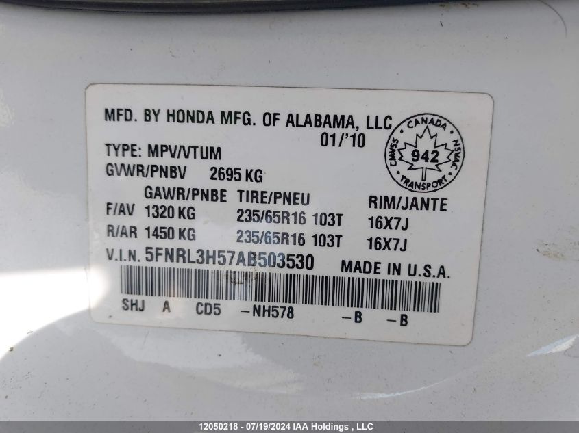 2010 Honda Odyssey VIN: 5FNRL3H57AB503530 Lot: 12050218