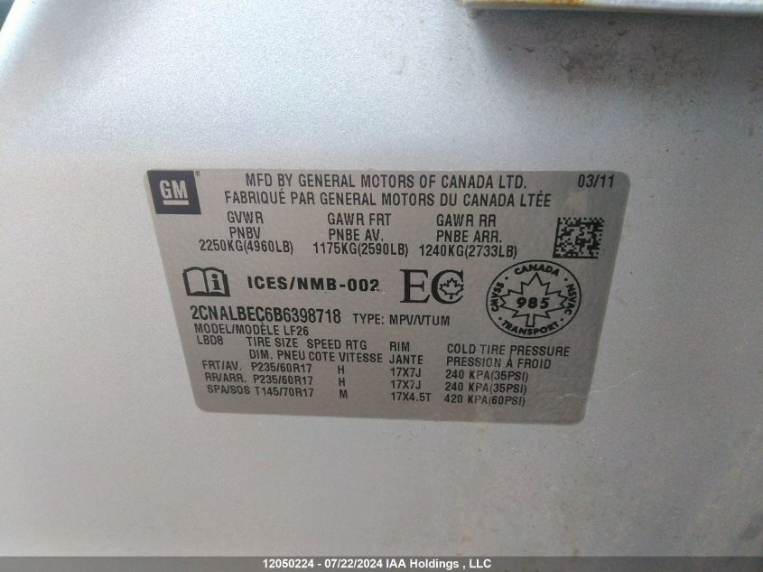 2011 Chevrolet Equinox VIN: 2CNALBEC6B6398718 Lot: 12050224