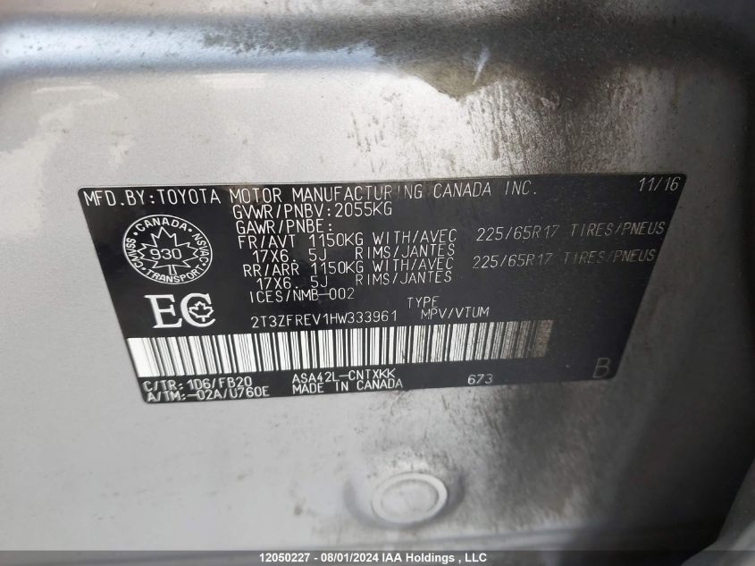 2017 Toyota Rav4 Le VIN: 2T3ZFREV1HW333961 Lot: 12050227