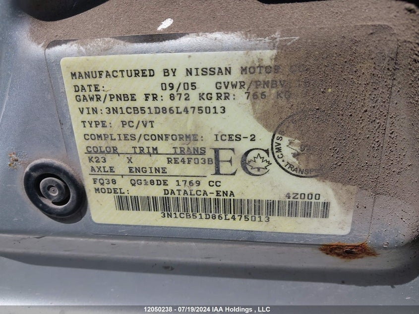 2006 Nissan Sentra 1.8 VIN: 3N1CB51D86L475013 Lot: 12050238