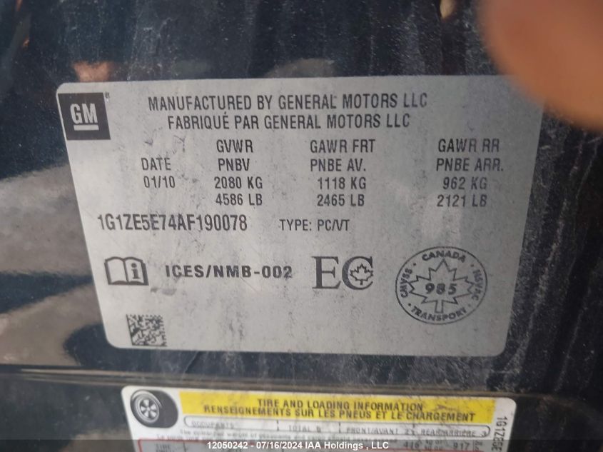 2010 Chevrolet Malibu VIN: 1G1ZE5E74AF190078 Lot: 12050242