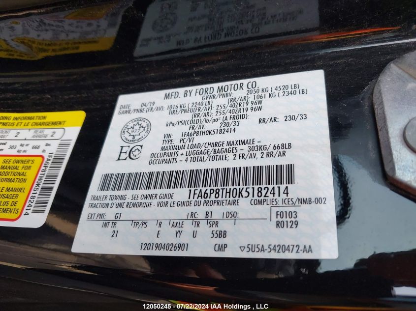 2019 Ford Mustang Ecoboost VIN: 1FA6P8TH0K5182414 Lot: 12050245