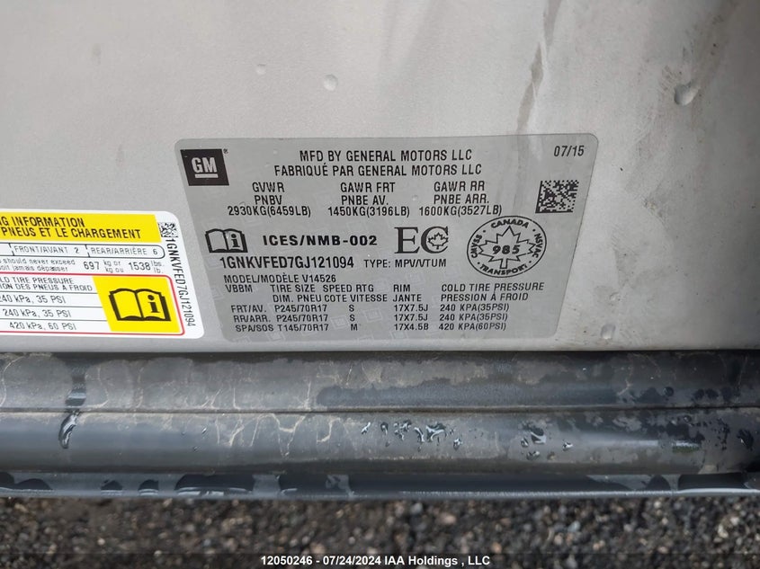 2016 Chevrolet Traverse VIN: 1GNKVFED7GJ121094 Lot: 12050246