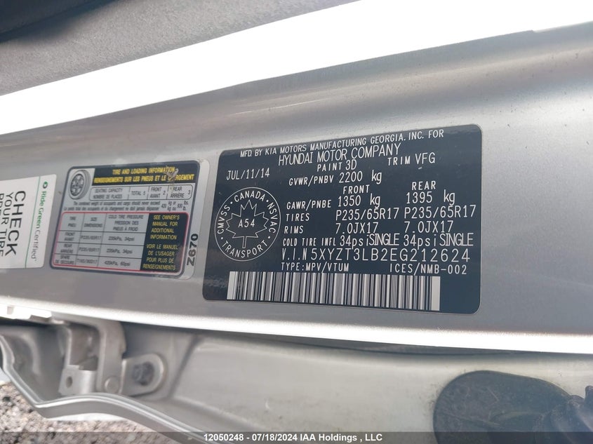 2014 Hyundai Santa Fe Sport 2.4 Base VIN: 5XYZT3LB2EG212624 Lot: 12050248