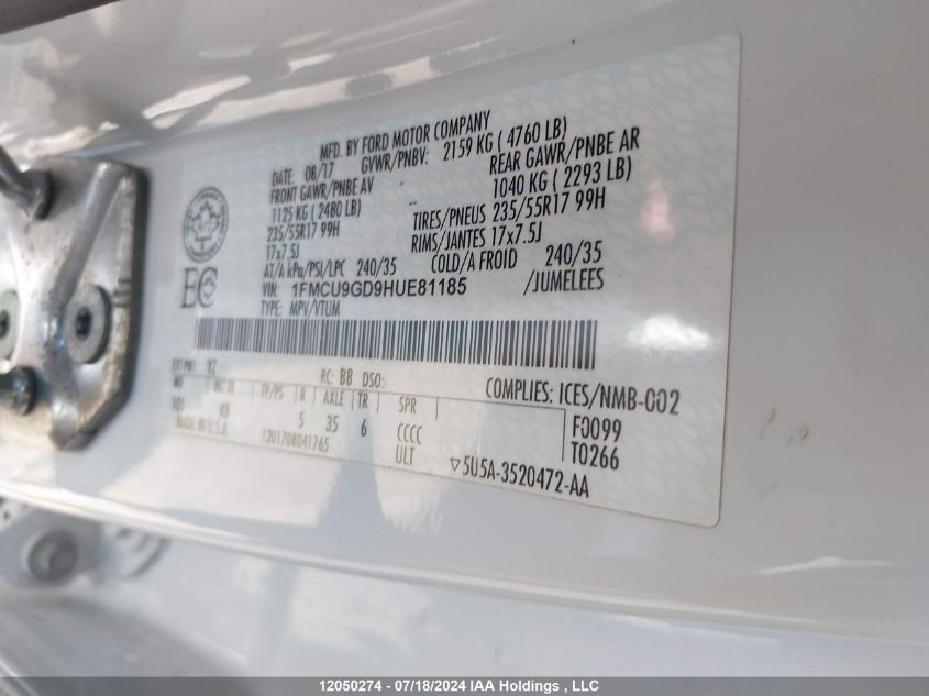 2017 Ford Escape VIN: 1FMCU9GD9HUE81185 Lot: 12050274