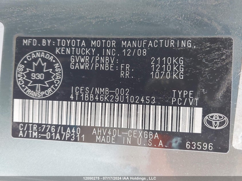 2009 Toyota Camry Hybrid VIN: 4T1BB46K29U102453 Lot: 12050275