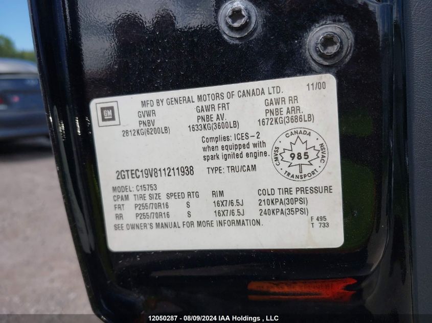 2001 GMC Sierra 1500 VIN: 2GTEC19V811211938 Lot: 12050287