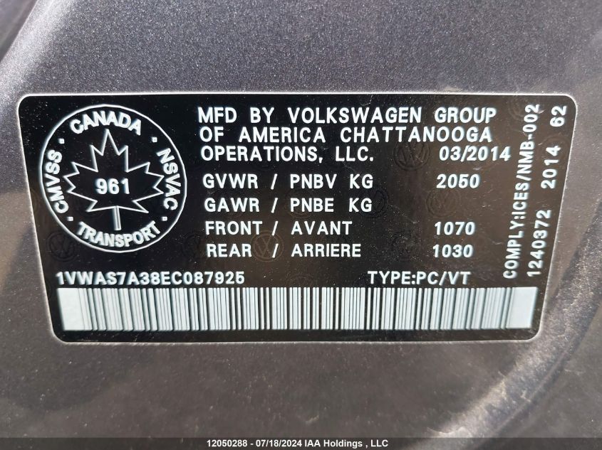 2014 Volkswagen Passat VIN: 1VWAS7A38EC087925 Lot: 12050288