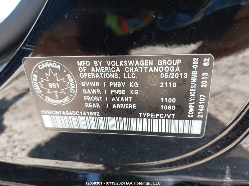 2013 Volkswagen Passat VIN: 1VWCN7A34DC141932 Lot: 12050301
