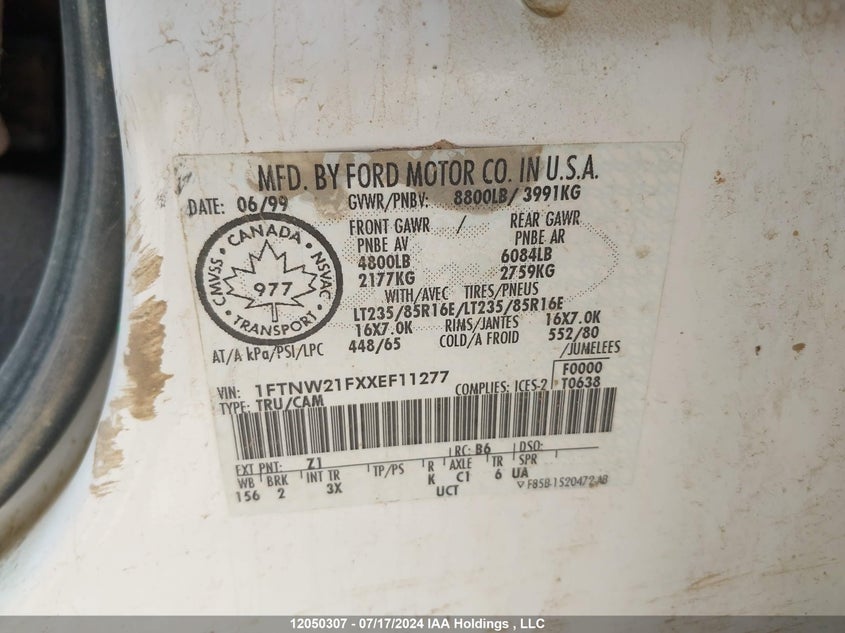 1999 Ford Super Duty F-250 VIN: 1FTNW21FXXEF11277 Lot: 12050307