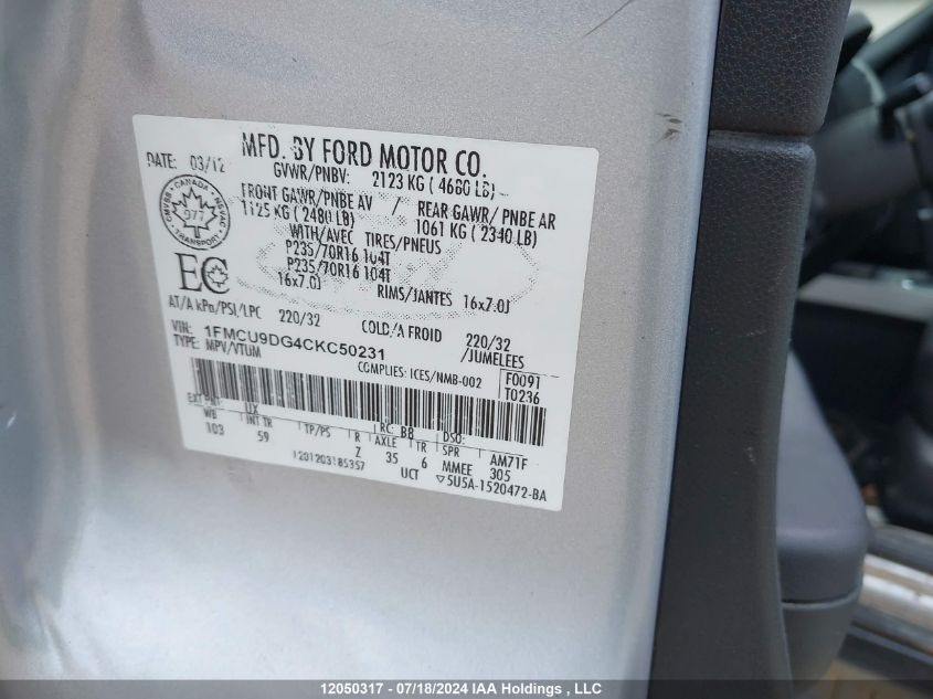 2012 Ford Escape Xlt VIN: 1FMCU9DG4CKC50231 Lot: 12050317