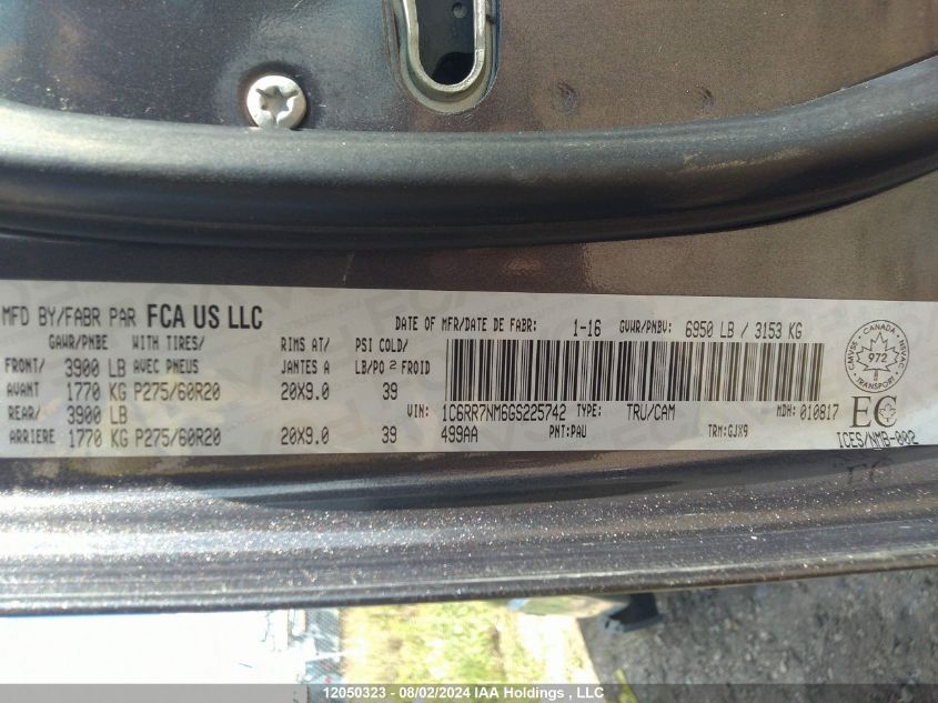 2016 Ram 1500 Laramie VIN: 1C6RR7NM6GS225742 Lot: 12050323