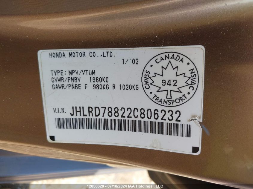2002 Honda Cr-V Ex VIN: JHLRD78822C806232 Lot: 12050328