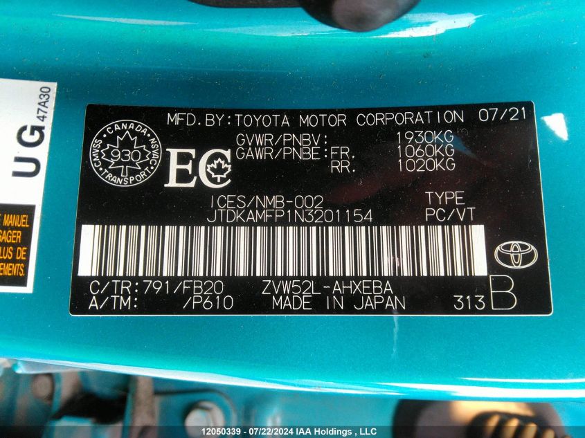 2022 Toyota Prius Prime Le/Xle/Limited VIN: JTDKAMFP1N3201154 Lot: 12050339