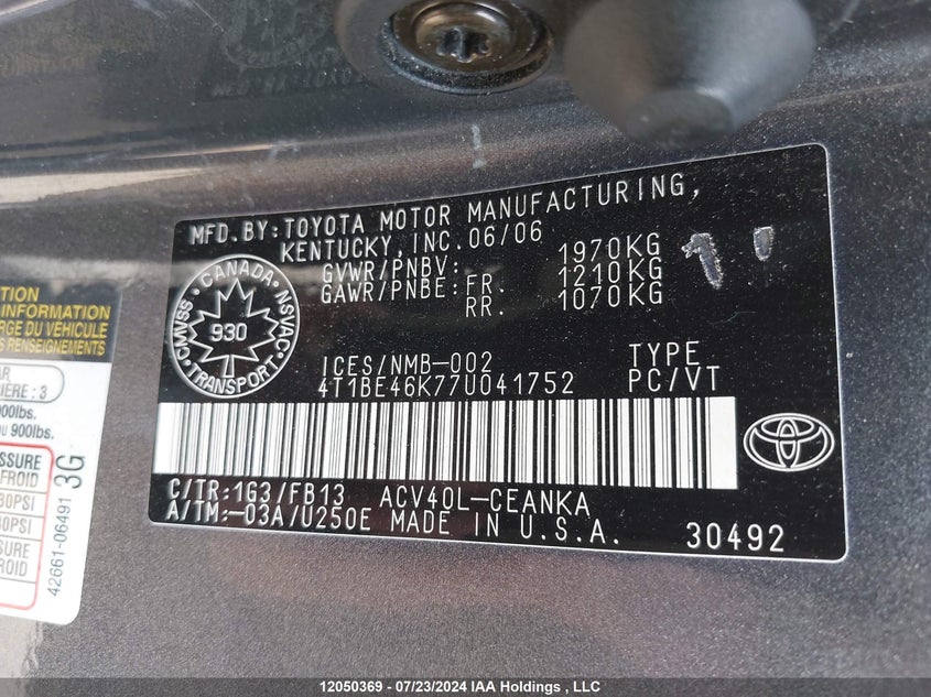 2007 Toyota Camry Le/Se VIN: 4T1BE46K77U041752 Lot: 12050369