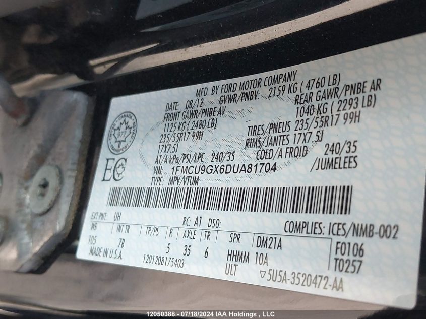 2013 Ford Escape Se VIN: 1FMCU9GX6DUA81704 Lot: 12050388