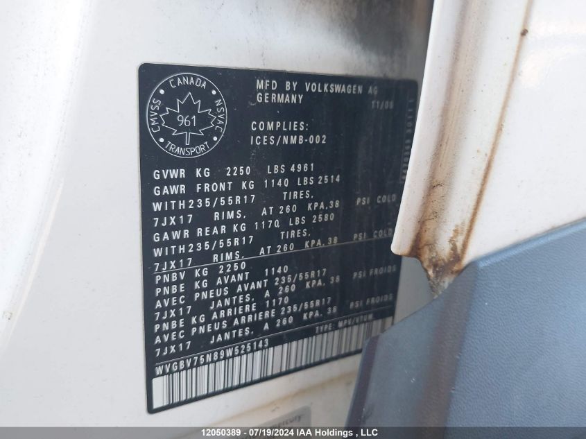 2009 Volkswagen Tiguan VIN: WVGBV75N89W525143 Lot: 12050389