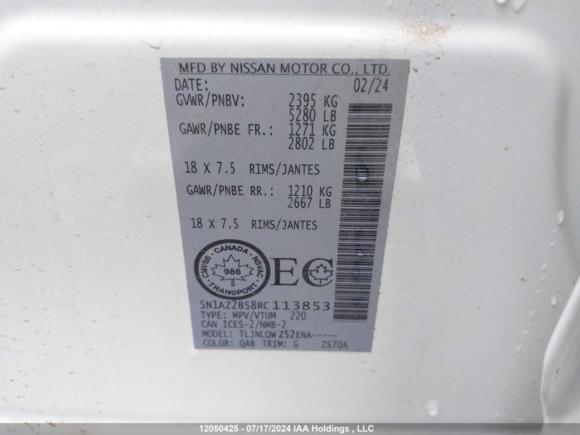 2024 Nissan Murano Sv VIN: 5N1AZ2BS8RC113853 Lot: 12050425