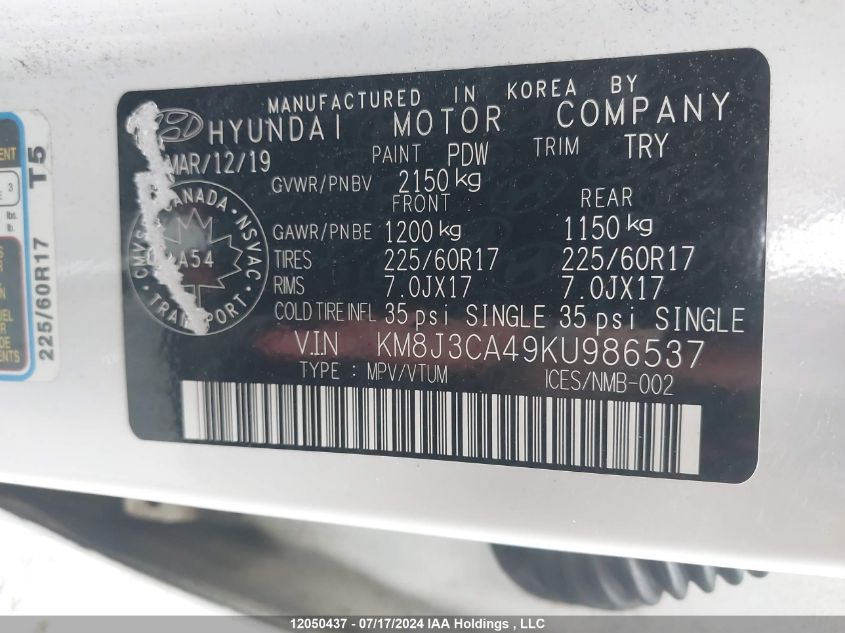 2019 Hyundai Tucson Preferred VIN: KM8J3CA49KU986537 Lot: 12050437