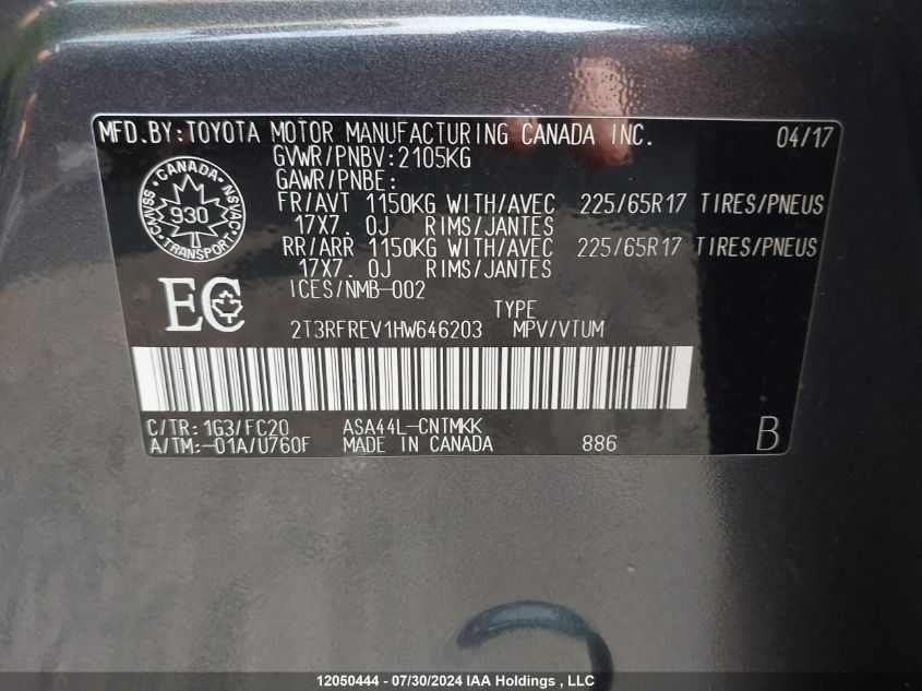 2017 Toyota Rav4 Xle VIN: 2T3RFREV1HW646203 Lot: 12050444
