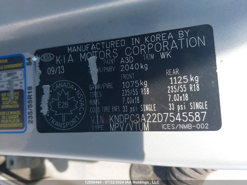 2013 Kia Sportage VIN: KNDPC3A22D7545587 Lot: 12050460
