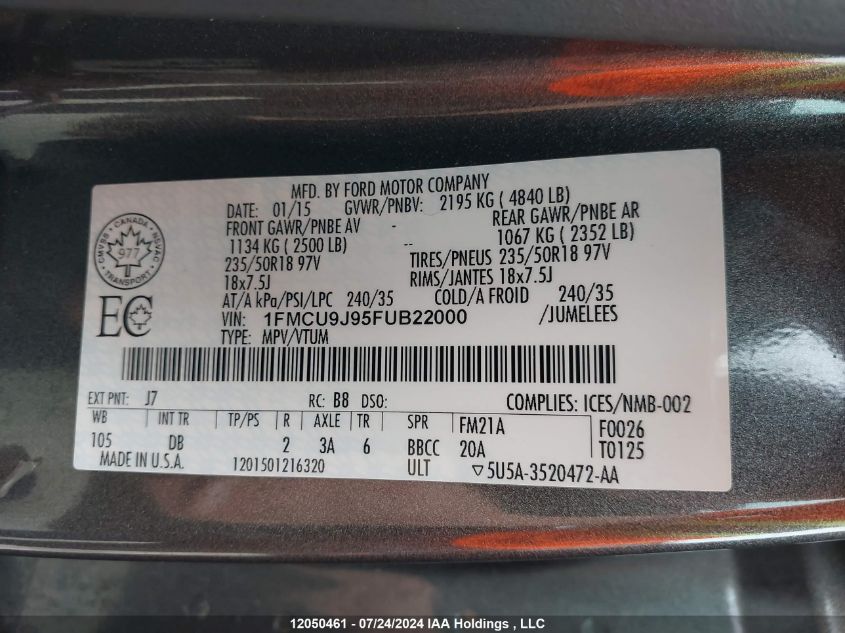 2015 Ford Escape Titanium VIN: 1FMCU9J95FUB22000 Lot: 12050461