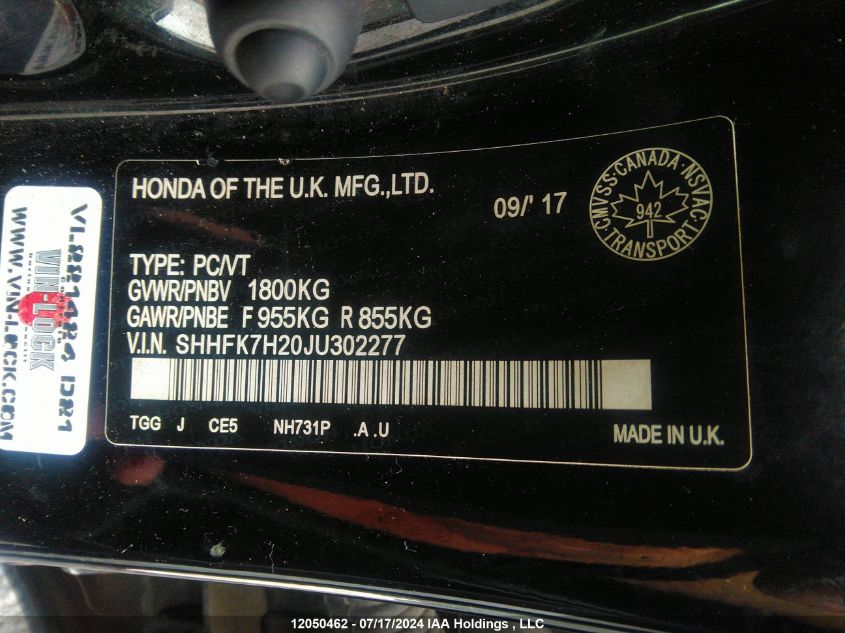 2018 Honda Civic Hatchback VIN: SHHFK7H20JU302277 Lot: 12050462