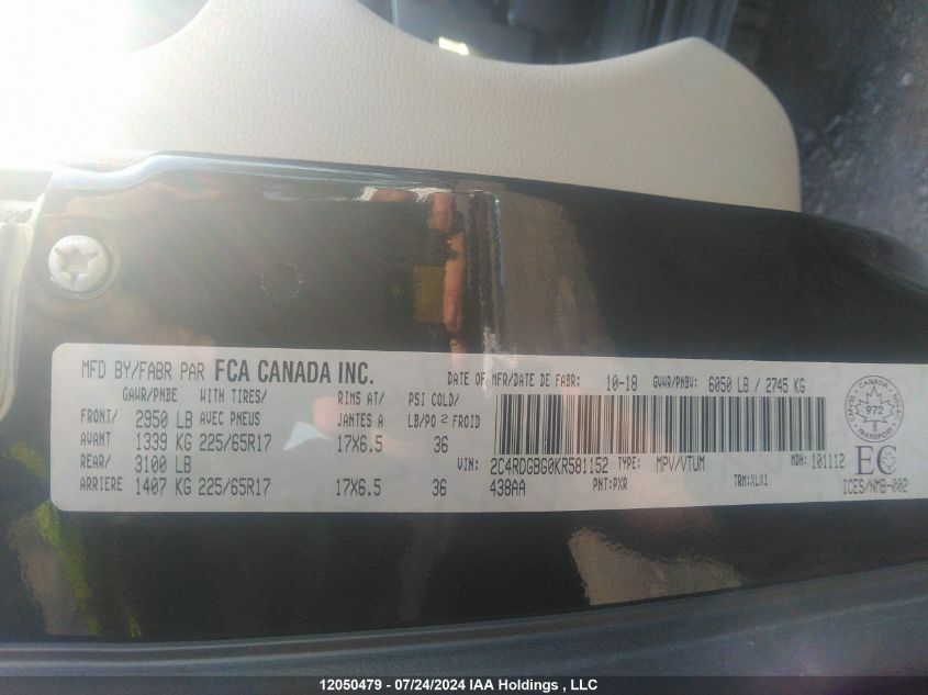 2019 Dodge Grand Caravan Se VIN: 2C4RDGBG0KR581152 Lot: 12050479