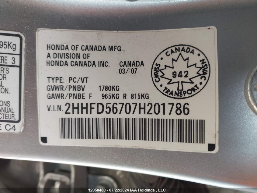 2007 Acura Csx VIN: 2HHFD56707H201786 Lot: 12050480