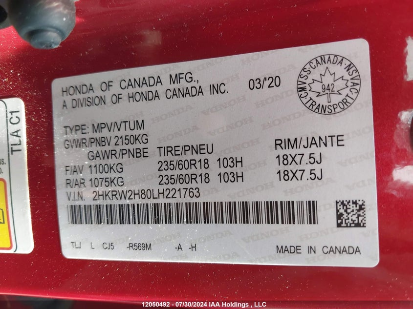 2020 Honda Cr-V VIN: 2HKRW2H80LH221763 Lot: 12050492