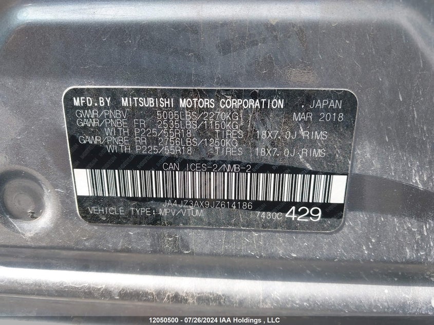 2018 Mitsubishi Outlander VIN: JA4JZ3AX9JZ614186 Lot: 12050500