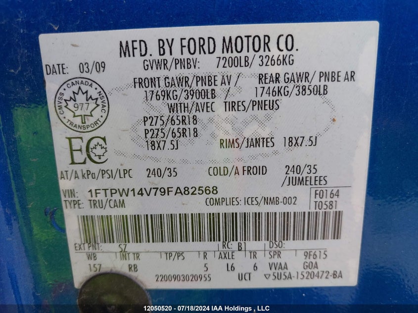 2009 Ford F150 Supercrew VIN: 1FTPW14V79FA82568 Lot: 12050520