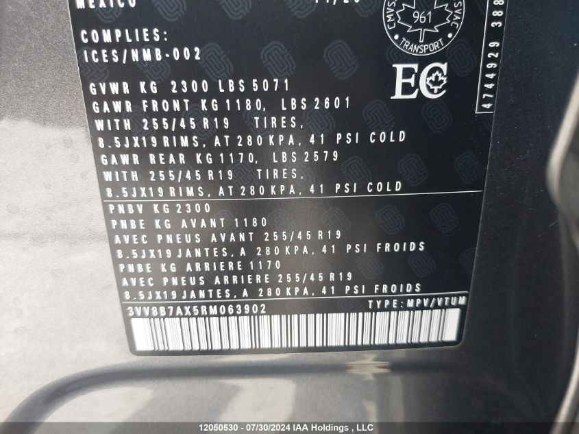 2024 Volkswagen Tiguan VIN: 3VV8B7AX5RM063902 Lot: 12050530