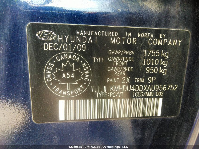 2010 Hyundai Elantra Gl VIN: KMHDU4BDXAU956752 Lot: 12050535