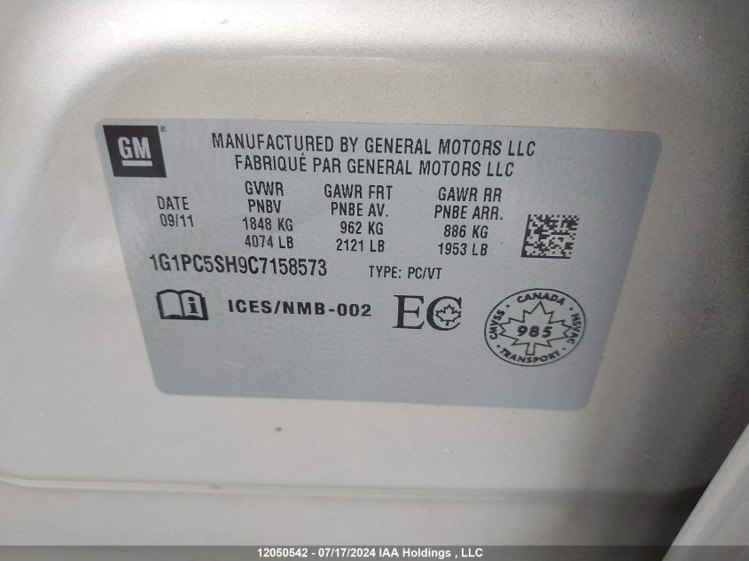 2012 Chevrolet Cruze VIN: 1G1PC5SH9C7158573 Lot: 12050542
